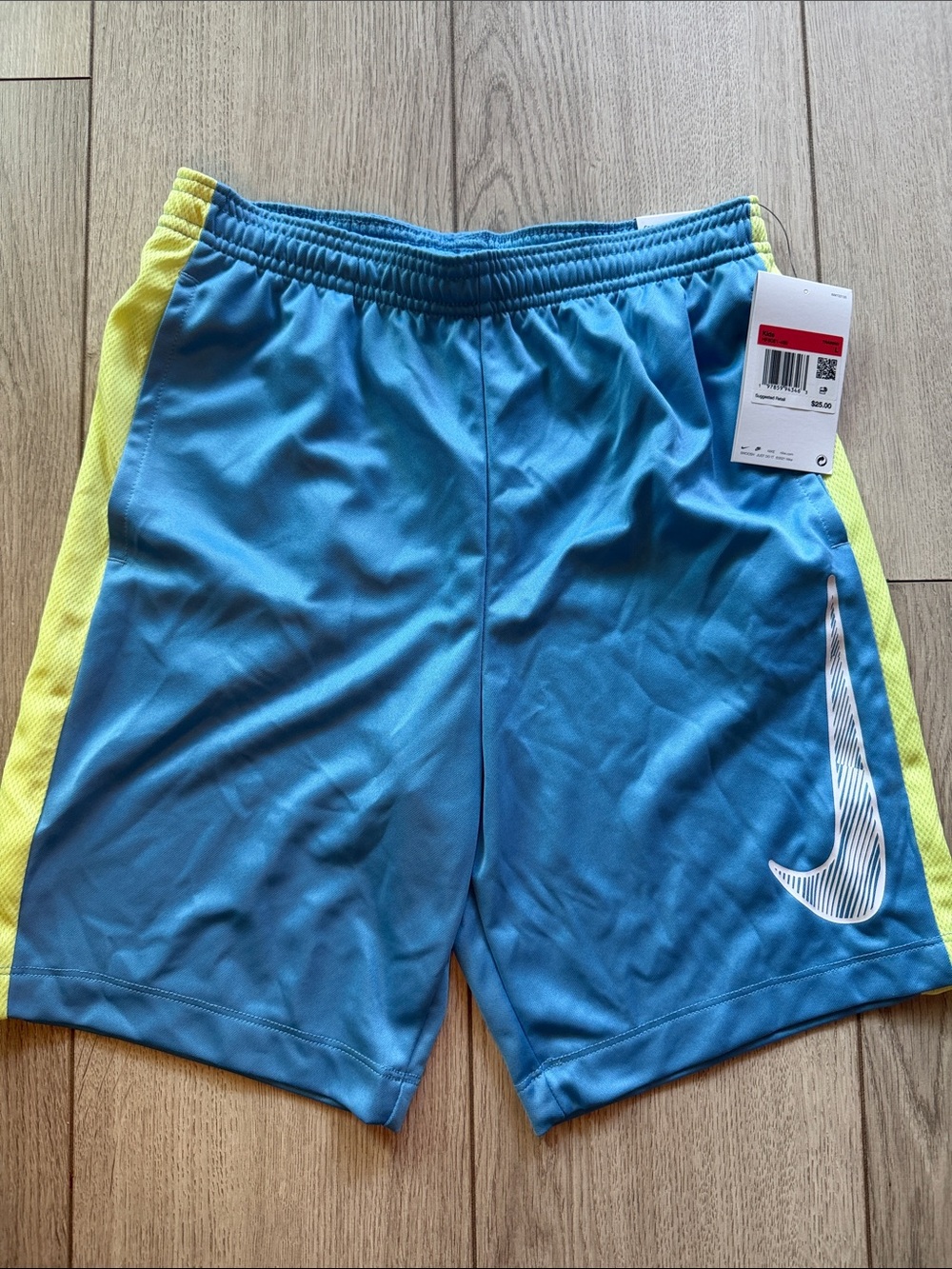 Nike KIDS Light Blue Athletic Shorts with Yellow Panels